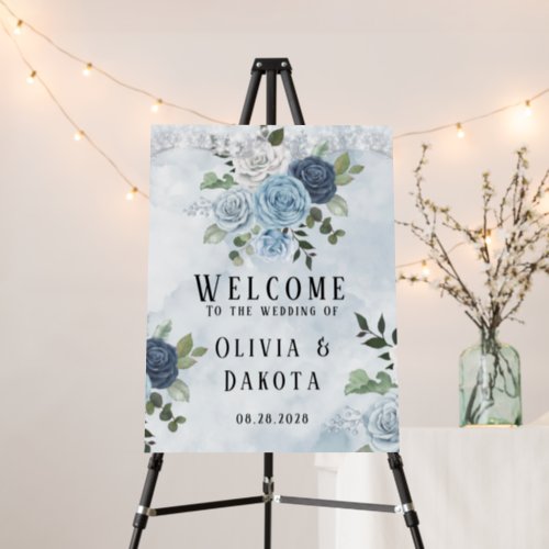 Dusty Blue Watercolor Rustic Florals Welcome Sign