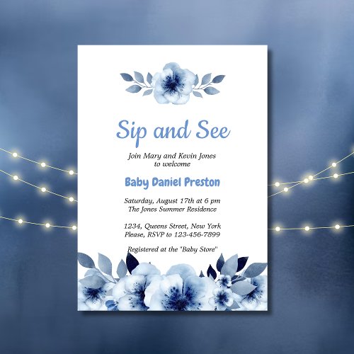 Dusty Blue Watercolor Sip and See Baby Shower  Invitation