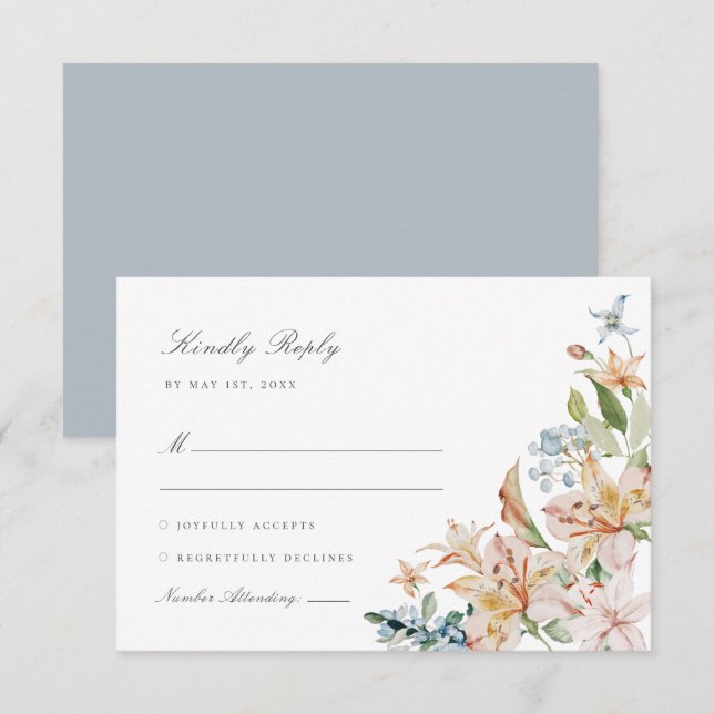 Dusty Blue Watercolor Spring Floral Wedding RSVP Card (Front/Back)