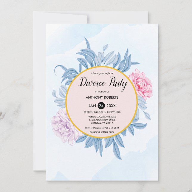 Dusty Blue Watercolor Succulent Divorce Party Invitation (Front)