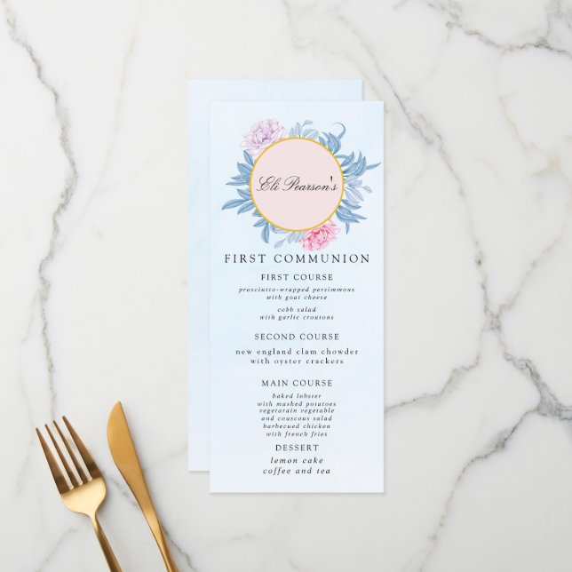Dusty Blue Watercolor Succulent First Communion Menu (Front/Back In Situ)