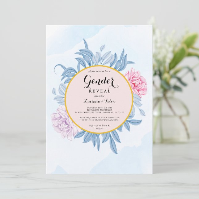 Dusty Blue Watercolor Succulent Gender Reveal Invitation (Standing Front)