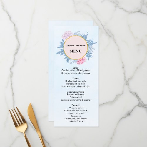 Dusty Blue Watercolor Succulent Graduation Dinner Menu