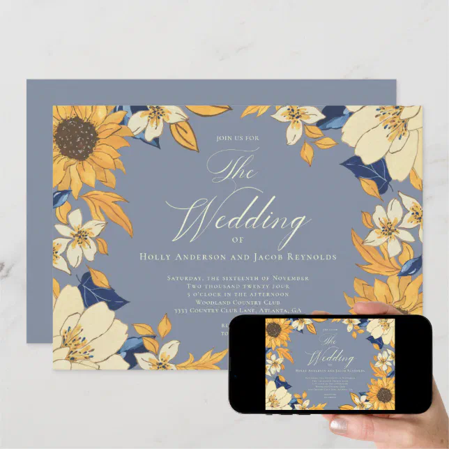 Dusty Blue Watercolor Sunflower Script Wedding Inv Invitation | Zazzle