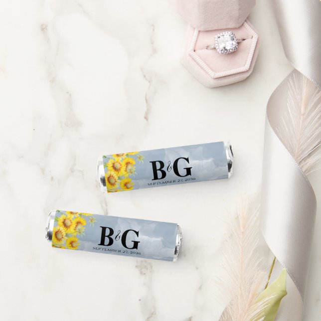 Dusty Blue Watercolor Sunflowers Monogram Wedding  Breath Savers® Mints (Wedding)