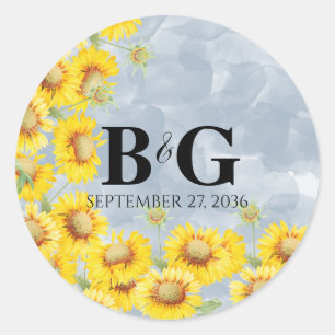 Dusty Blue Watercolor Sunflowers Monogram Wedding Classic Round Sticker