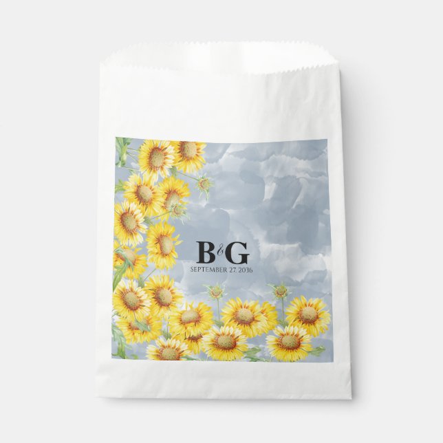 Dusty Blue Watercolor Sunflowers Monogram Wedding  Favor Bag (Front)