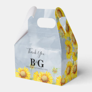 Dusty Blue Watercolor Sunflowers Monogram Wedding Favor Boxes