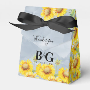 Dusty Blue Watercolor Sunflowers Monogram Wedding Favor Boxes