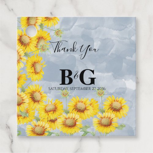 Dusty Blue Watercolor Sunflowers Monogram Wedding Favor Tags