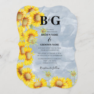Dusty Blue Watercolor Sunflowers Monogram Wedding  Invitation