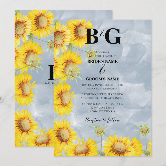 Dusty Blue Watercolor Sunflowers Monogram Wedding Invitation (Front/Back)