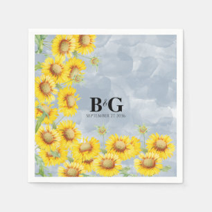Dusty Blue Watercolor Sunflowers Monogram Wedding Napkins