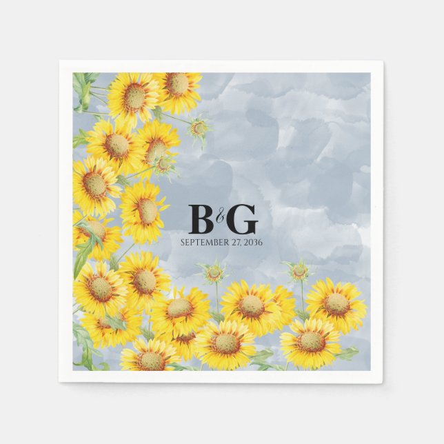 Dusty Blue Watercolor Sunflowers Monogram Wedding  Napkins (Front)