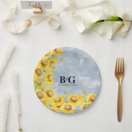 Dusty Blue Watercolor Sunflowers Monogram Wedding  Paper Plates