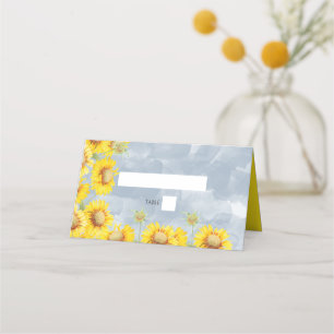 Dusty Blue Watercolor Sunflowers Monogram Wedding Place Card