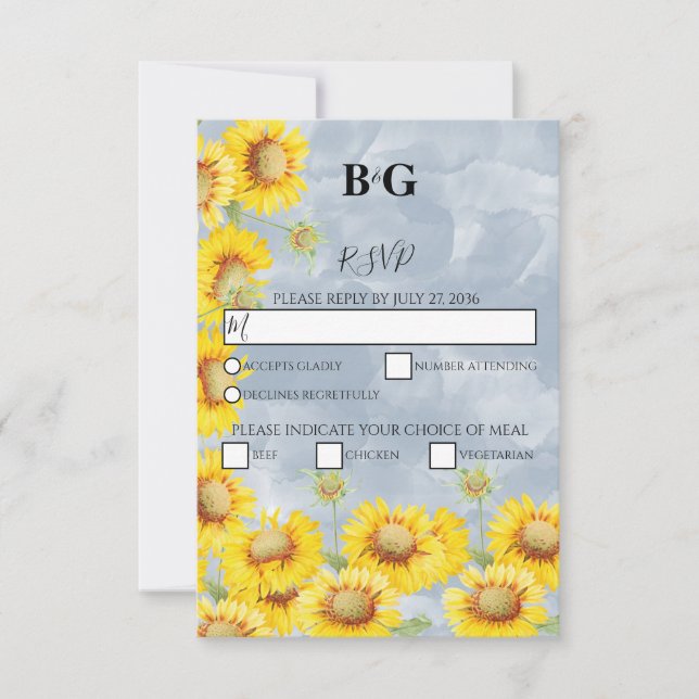 Dusty Blue Watercolor Sunflowers Monogram Wedding RSVP Card (Front)