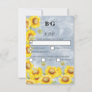 Dusty Blue Watercolor Sunflowers Monogram Wedding RSVP Card