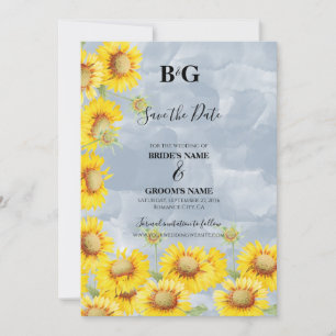 Dusty Blue Watercolor Sunflowers Monogram Wedding Save The Date