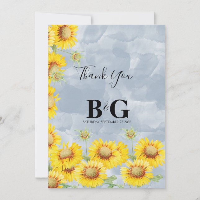 Dusty Blue Watercolor Sunflowers Monogram Wedding Thank You Card (Back)