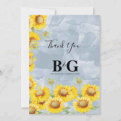 Dusty Blue Watercolor Sunflowers Monogram Wedding Thank You Card