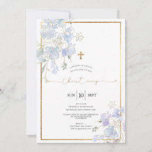 Dusty Blue Watercolor Sweet Peas Christening Invitation