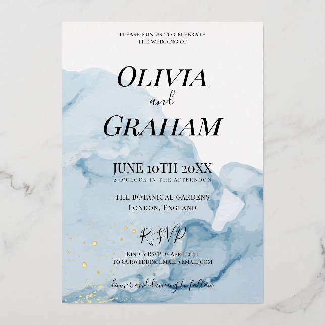 Dusty Blue Watercolor Traditional Gold Invitation Foil Invitation (Front)