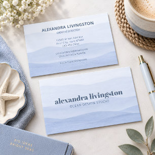 Dusty Blue Watercolor Waves Coastal Minimalist Art Business Card