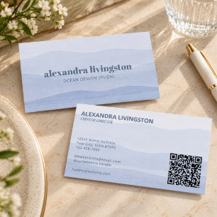 Dusty Blue Watercolor Waves Coastal Minimalist QR Business Card