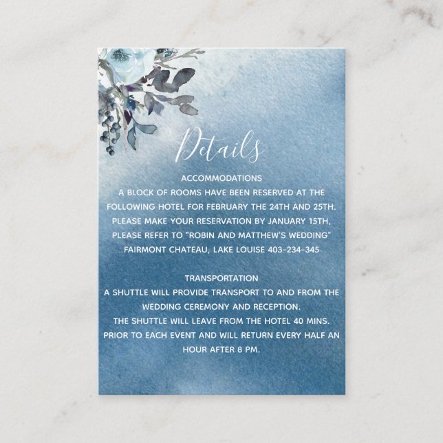 Dusty Blue Watercolor Wedding Details Reception Enclosure Card (Front)