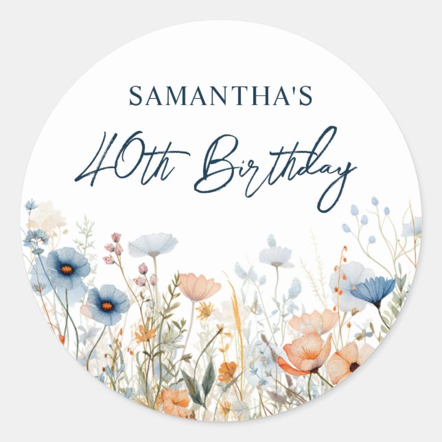 Dusty Blue Watercolor Wildflower 40th Birthday Classic Round Sticker (Front)