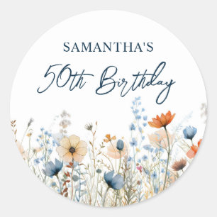 Dusty Blue Watercolor Wildflower 50th Birthday Classic Round Sticker