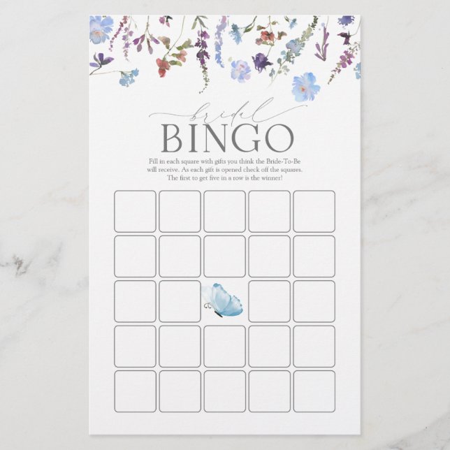 Dusty Blue Watercolor Wildflower Bridal Bingo Game (Front)