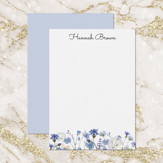 Dusty Blue Watercolor Wildflower Garden  Note Card (Close up)
