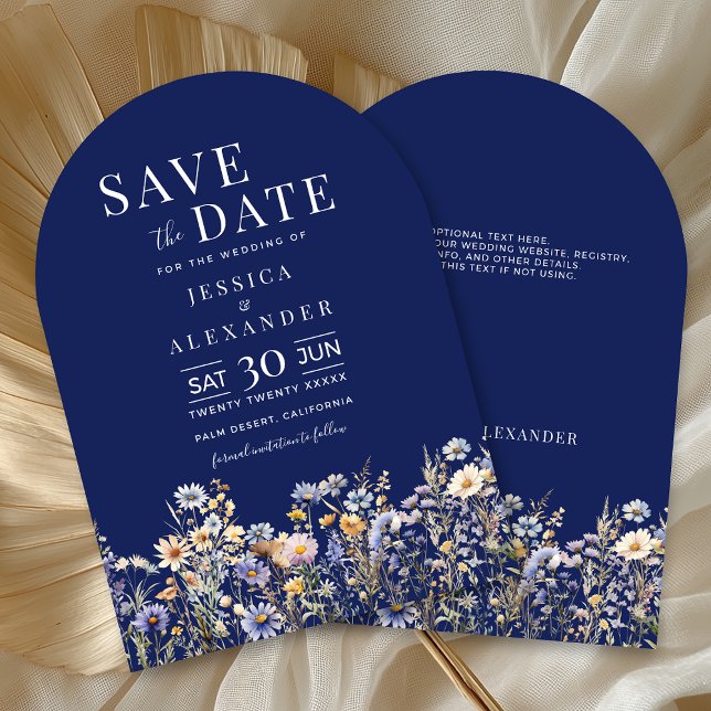 Dusty Blue Watercolor Wildflower Navy Arch Wedding Invitation (Dusty Blue Watercolor Wildflower Navy Arch Wedding Invitation with Optional Text on Back.)