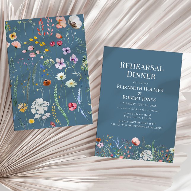 Dusty Blue Watercolor Wildflower Rehearsal Dinner Invitation (Dusty Blue Watercolor Wildflower Rehearsal Dinner Invitation on a sunny neutral dry palm leaf.)
