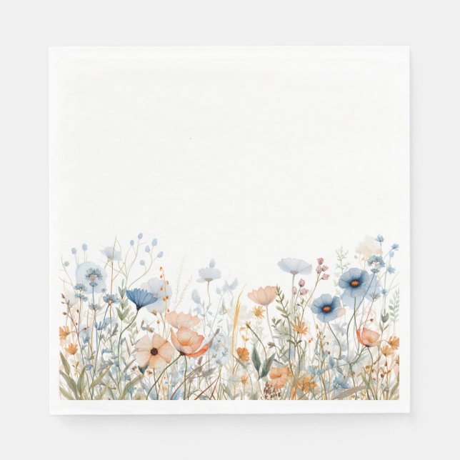 Dusty Blue Watercolor Wildflower Wedding Napkins (Front)
