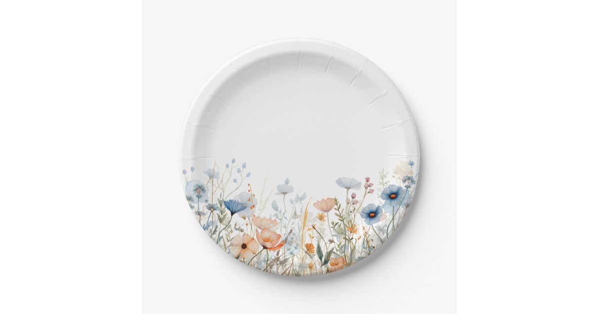 Dusty Blue Watercolor Wildflower Wedding Paper Plates | Zazzle
