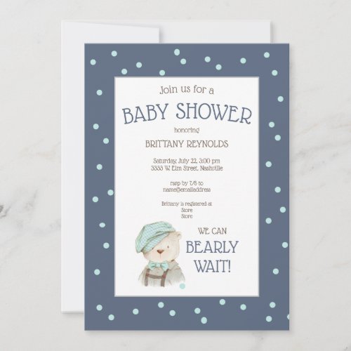 Dusty Blue Watercolor Woodland Bear Baby Shower Invitation