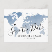 Dusty Blue Watercolor World Map Save the Date