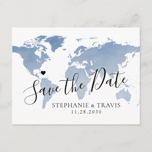 Dusty Blue Watercolor World Map Save the Date Announcement Postcard
