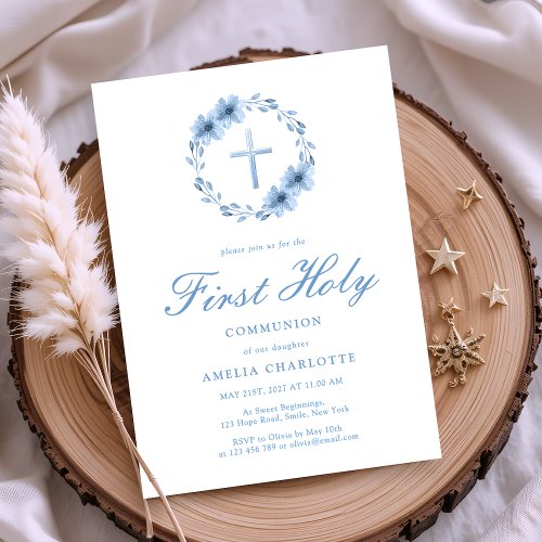 Dusty Blue Watercolor Wreath First Communion