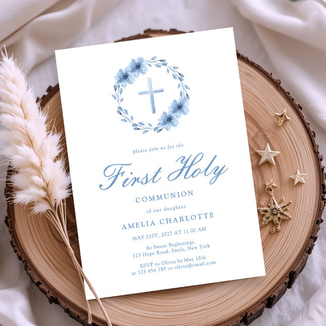 Dusty Blue Watercolor Wreath First Communion Invitation (Creator Uploaded)