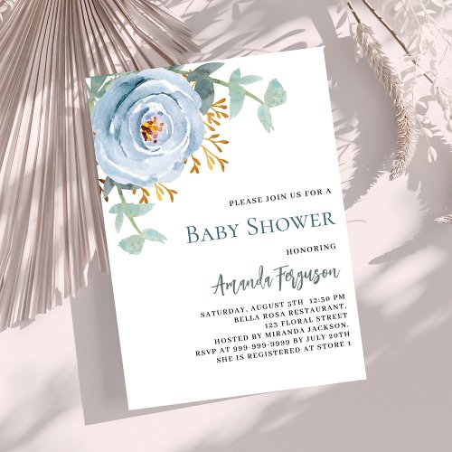 Dusty blue watercolored floral baby shower invitation