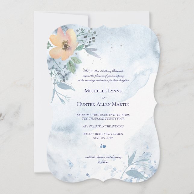 Dusty Blue Watercolored Peach Wild Rose Invitation (Front)