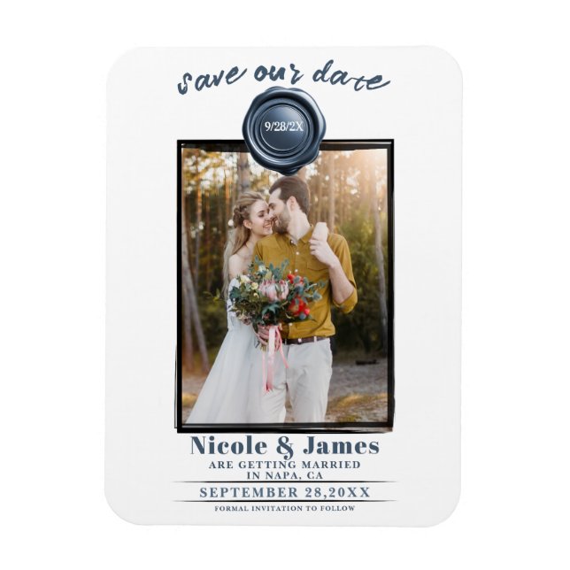 Dusty Blue Wax Seal Photo Wedding Save the Date Magnet (Vertical)