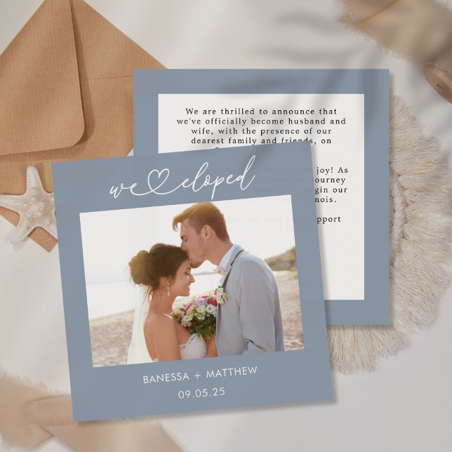 Dusty Blue We Eloped Photo Heart Script Wedding Announcement (Creator Uploaded)