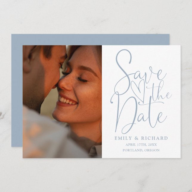 Dusty Blue Wedding 2 Photo Elegant Script Save The Date (Front/Back)