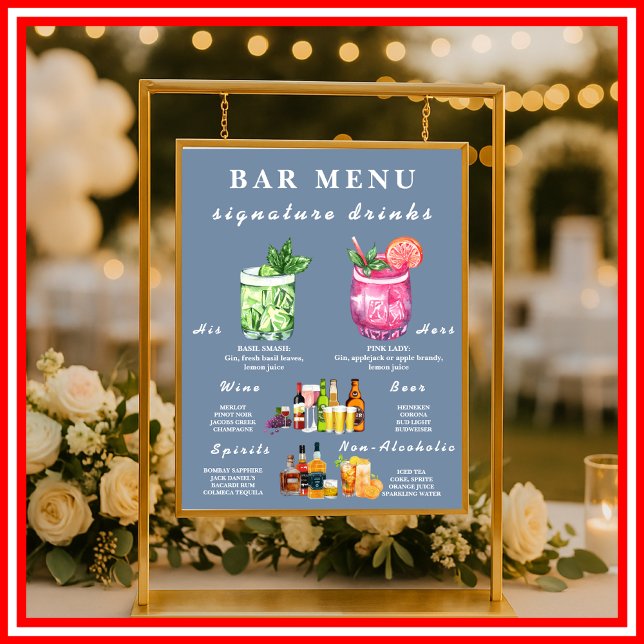 Dusty Blue Wedding Bar Menu  Poster (Creator Uploaded)
