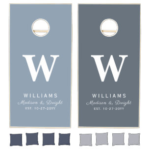 Dusty Blue Wedding Bride Groom Script Personalized Cornhole Set